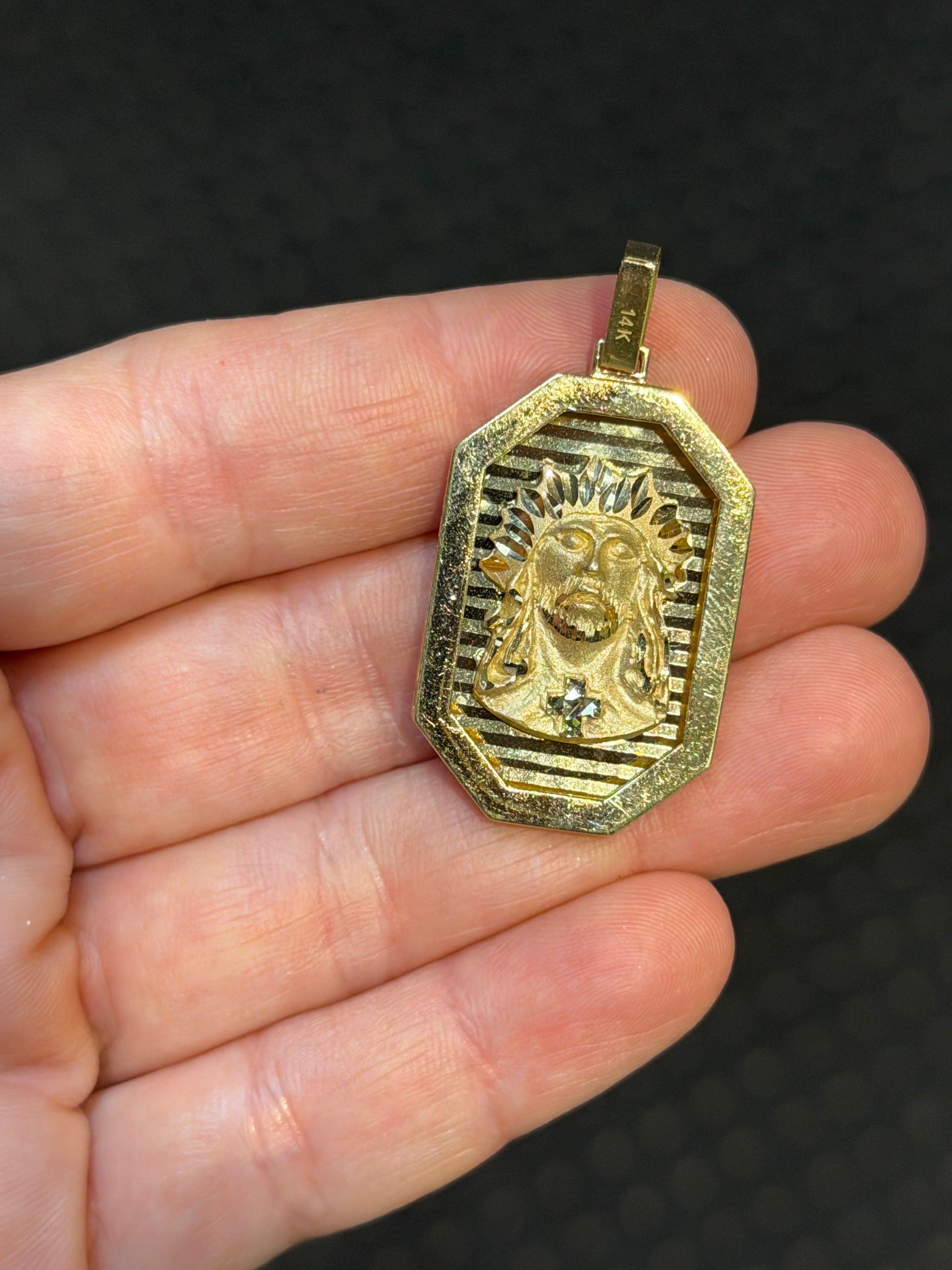 Elongated Octagon Jesus Pendant 14K Gold