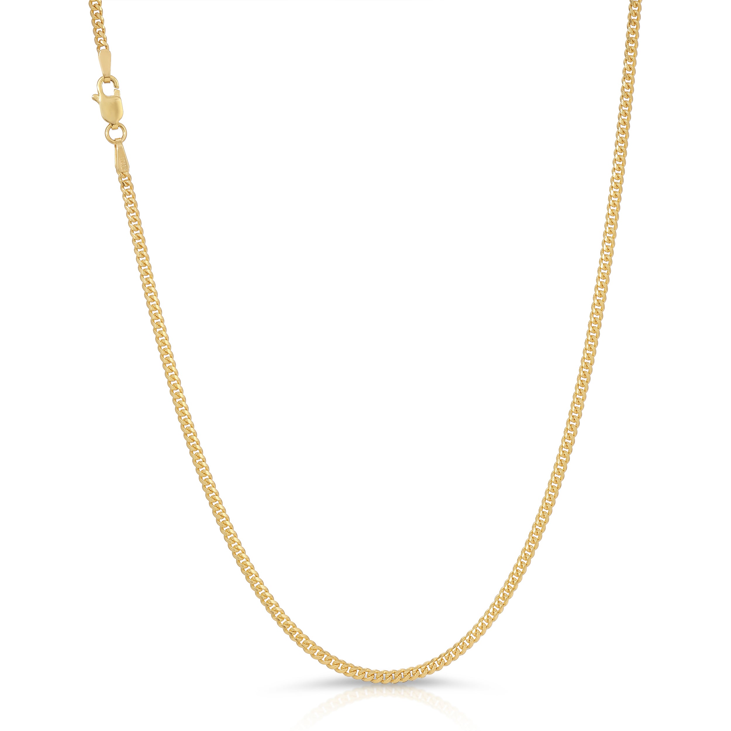 A photo of 2.0mm Miami Cuban Chain in Yellow 14k and 18k Solid Gold made in Italy stamped Italy and stamped according to purity with a detailed product shot