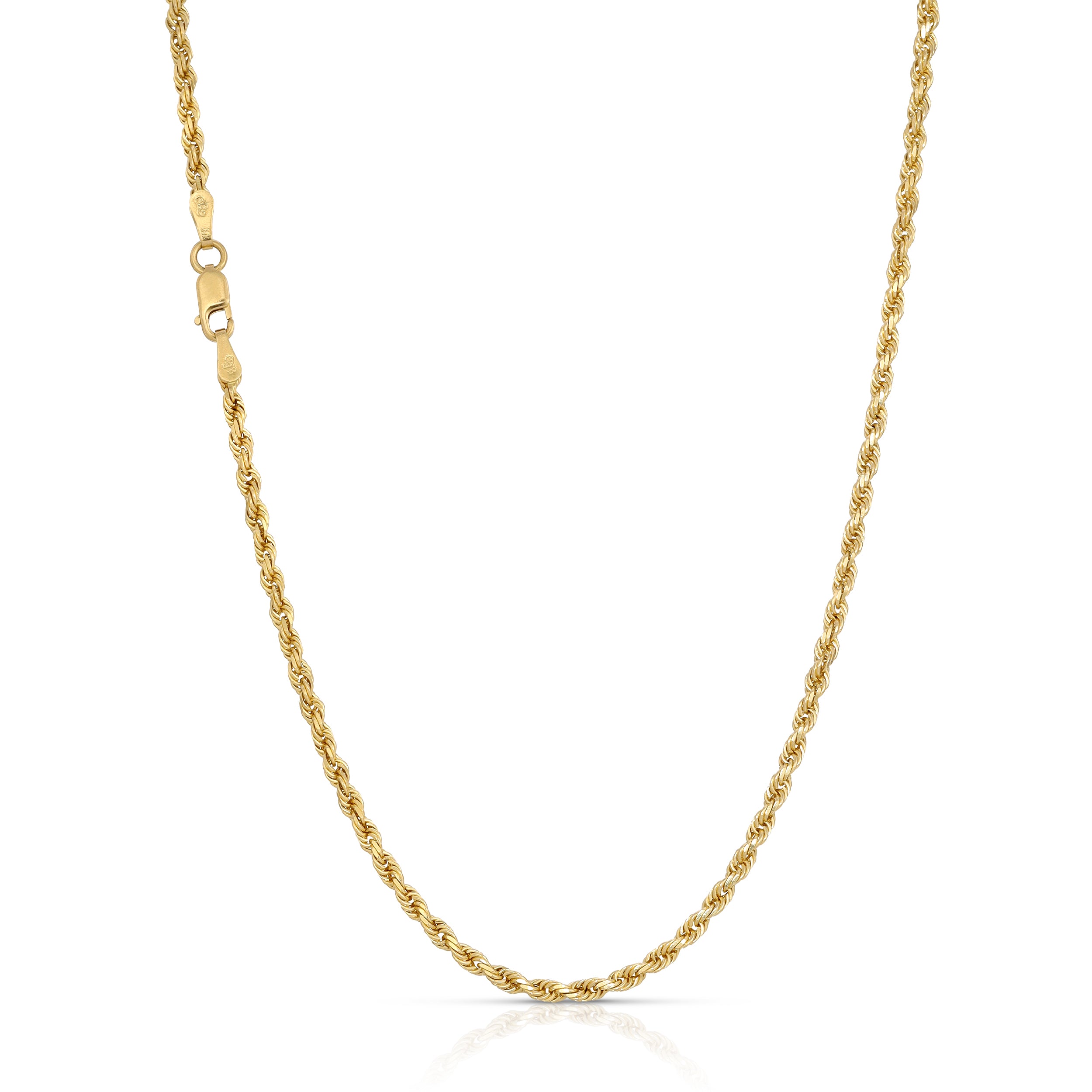 a photo of 2.5mm rope chain diamond cut in 14k, 18k and 22k solid gold yellow gold