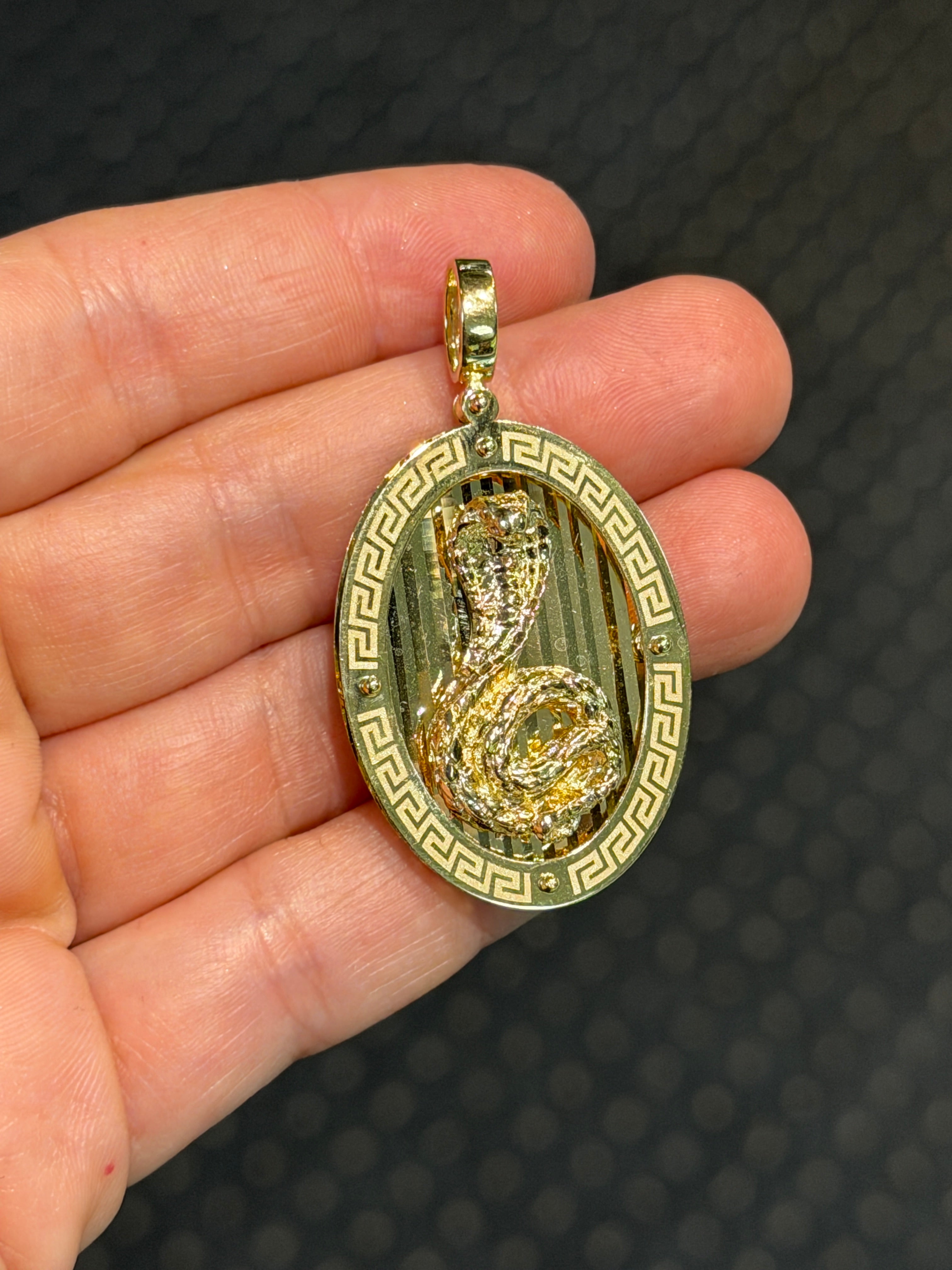 Greek Cobra Oval Pendant 14K Gold