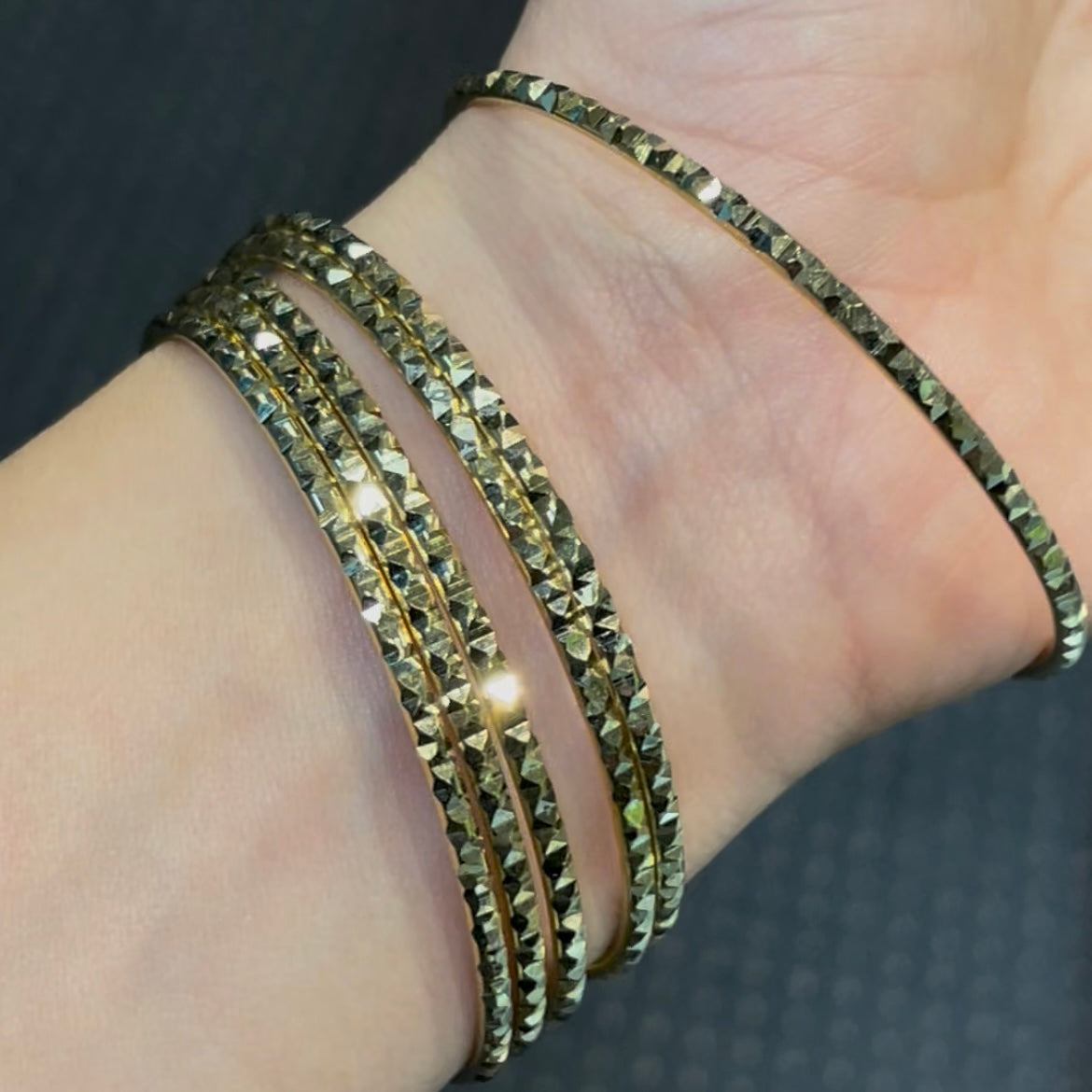 2.5MM Textured Diamond Cut Bangle Solid 14K Gold