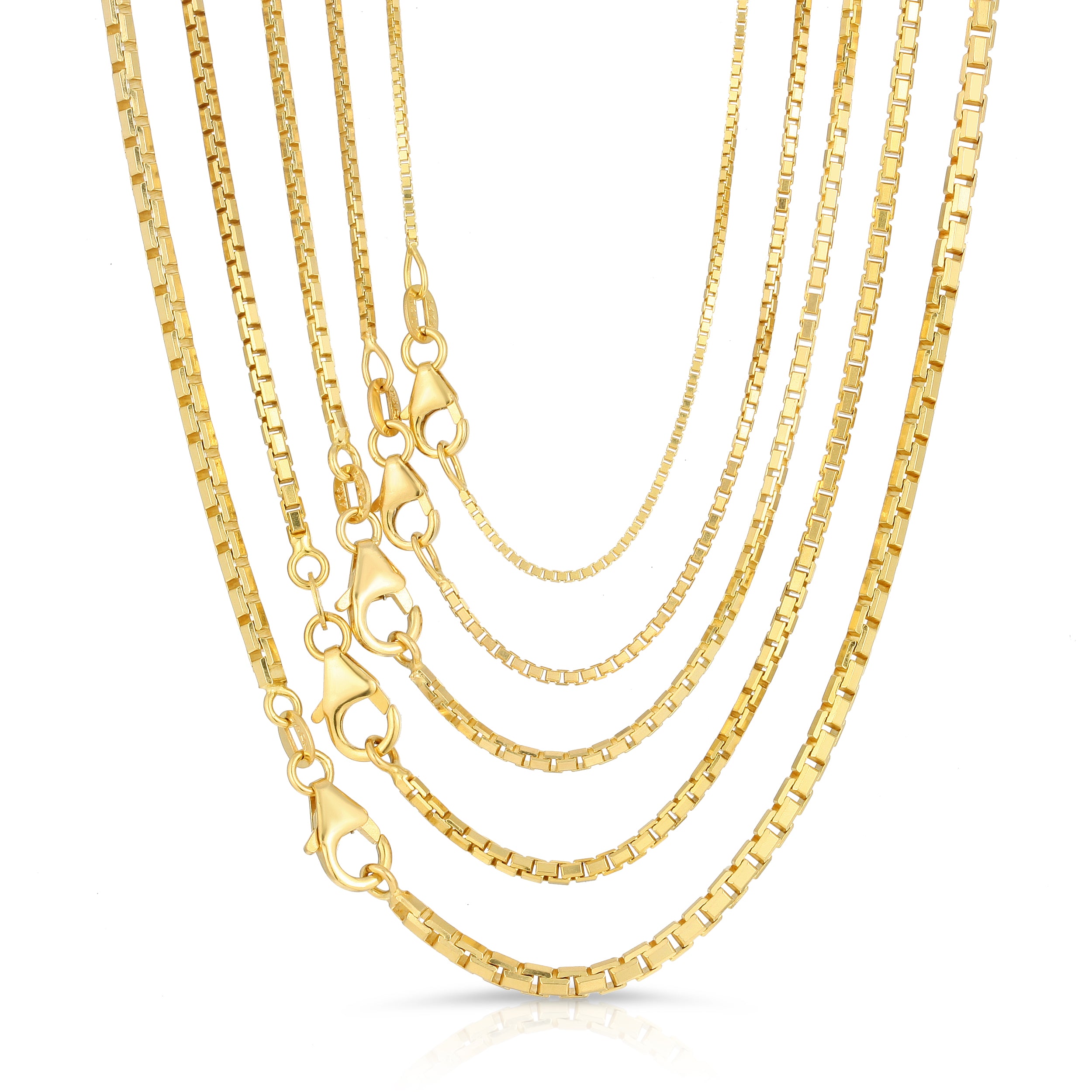 solid box chains different sizes on white background close up showing locks