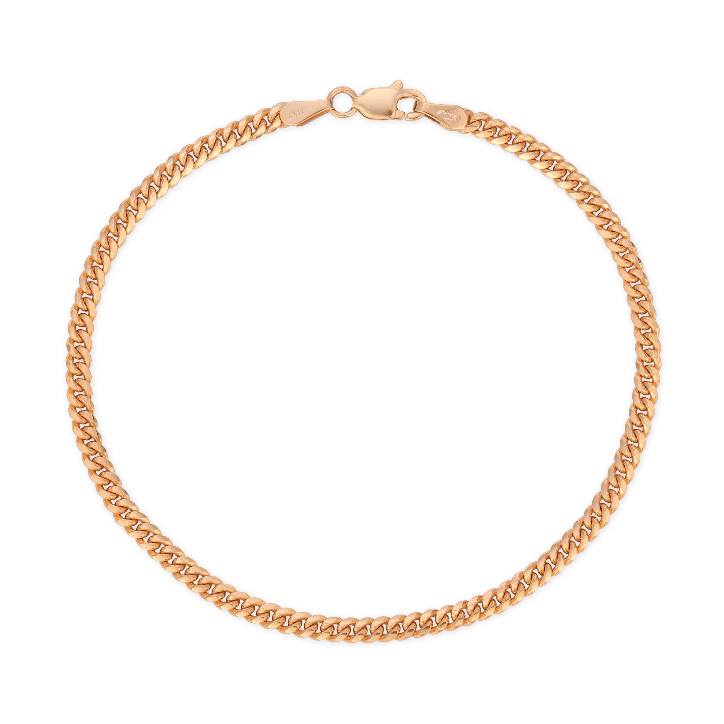 skinny rose gold cuban link chain bracelet dainty solid gold beautiful 2.7mm thick with lobster clasp for extra secure closure end caps stamped 14k or 18k with jump ring