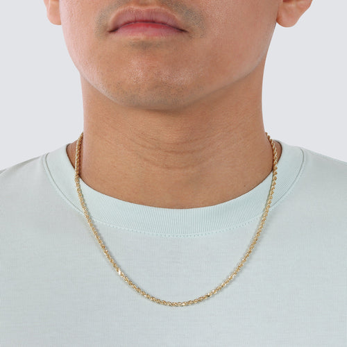 a photo of 3mm rope chain diamond cut 14k and 18k solid gold yellow gold on a model's neck