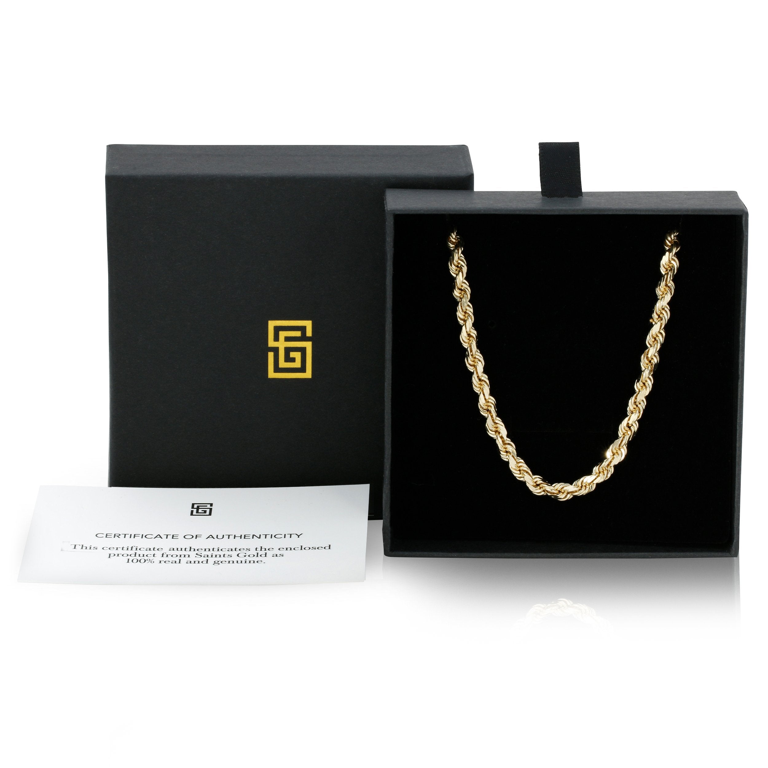 7mm rope chain yellow gold solid gold in saints gold packaging with authenticity card