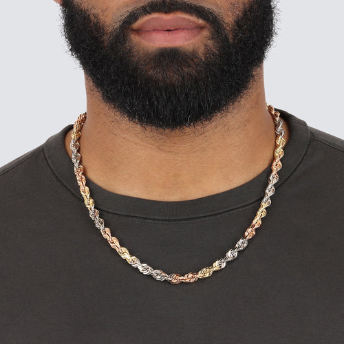 7mm tri color rose yellow white gold solid 14k diamond cut rope chain made in peru bbb stamp on endcaps model is wearing the 22 inch against a gray tshirt