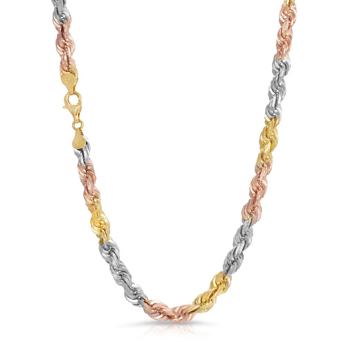 7mm tri color rose yellow white gold solid 14k diamond cut rope chain made in peru bbb stamp on endcaps lobster clasp claw