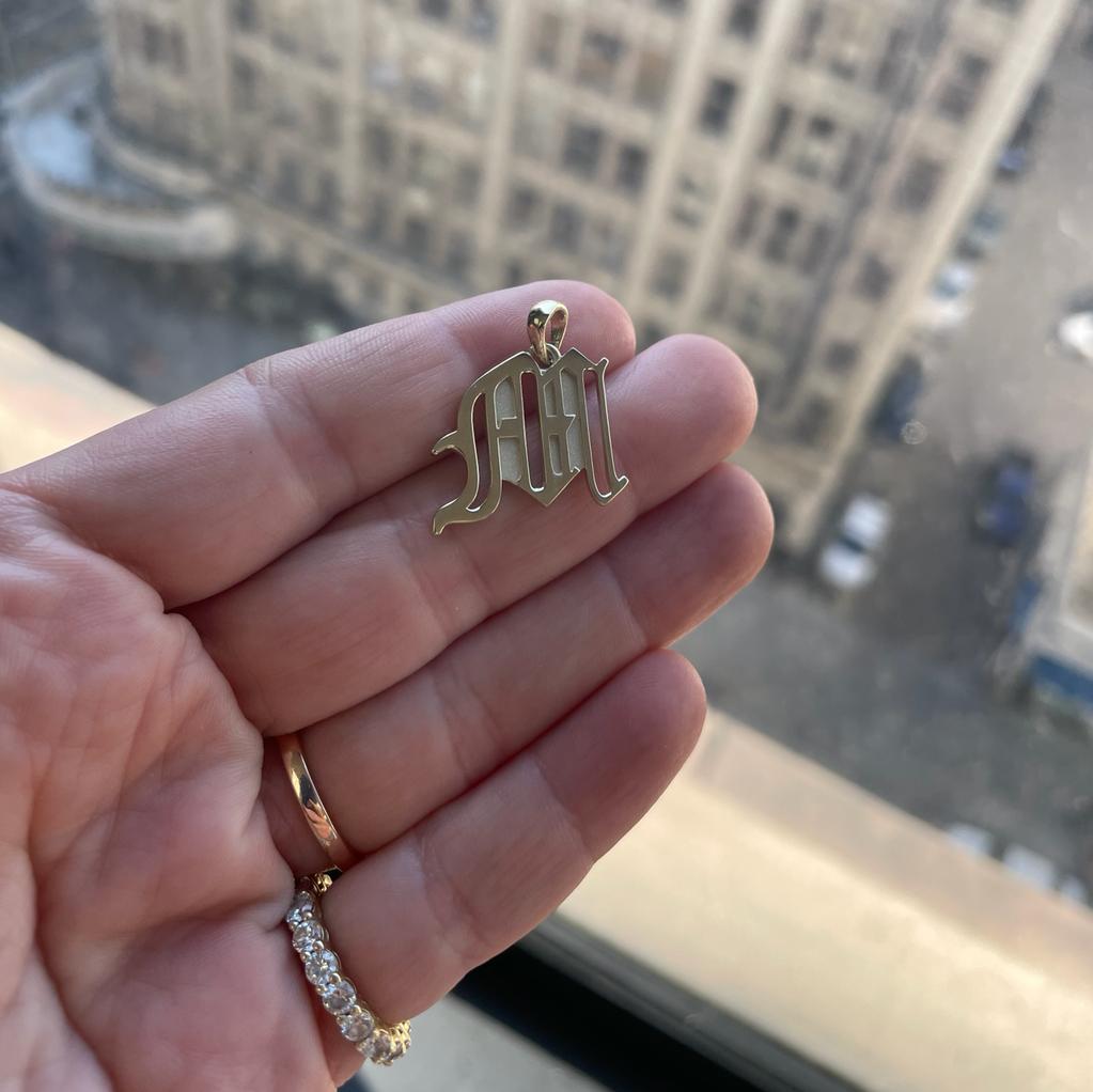 old english solid gold 14k gallery pendant charm custom make initial letter m