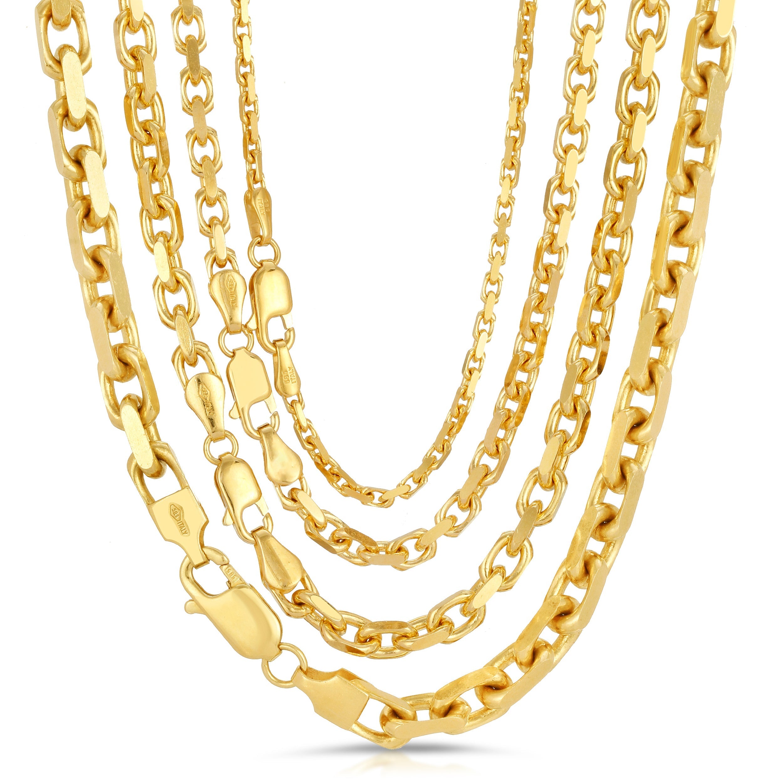 power link chains in different gauges sizes, yellow gold 14k 18k