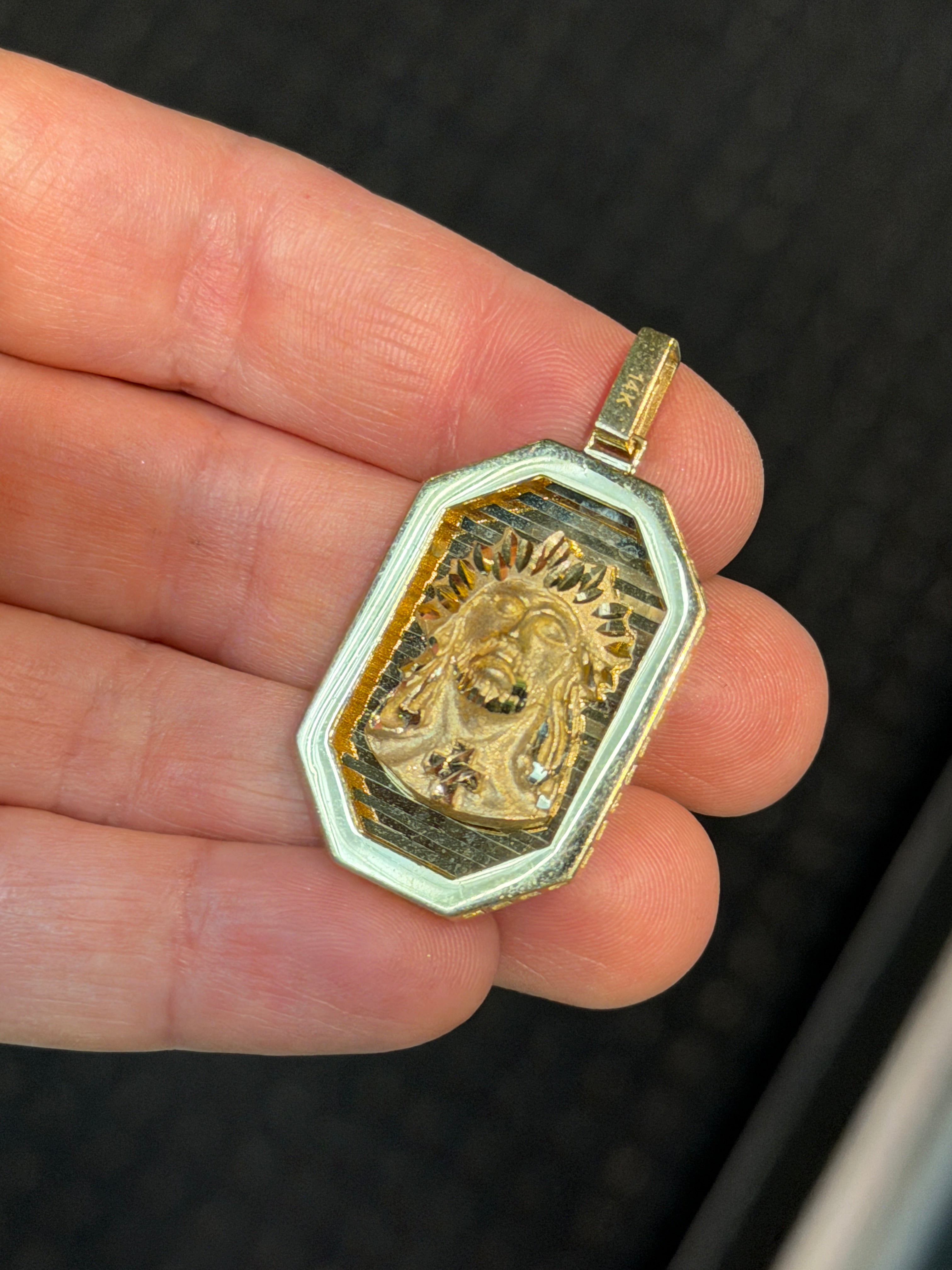 Elongated Octagon Jesus Pendant 14K Gold