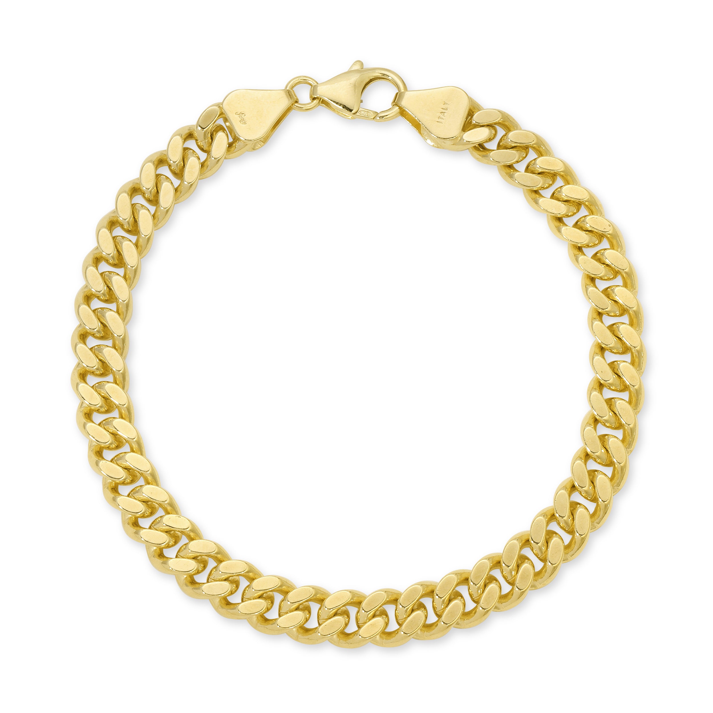 A yellow gold solid curb link chain bracelet with a lobster clasp, shown on a plain white background.