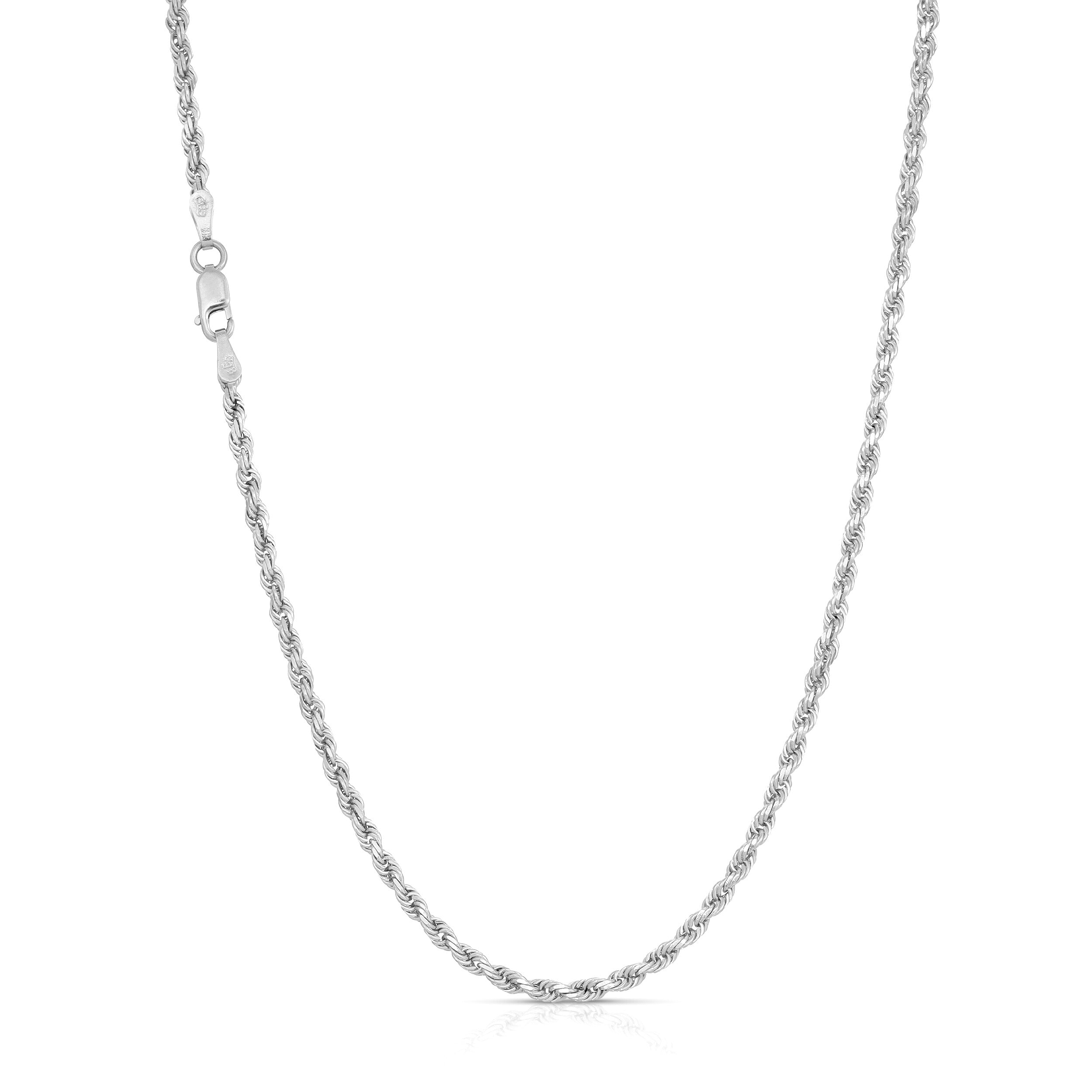a photo of 2.5mm rope chain diamond cut in 14k, 18k and 22k solid gold white gold