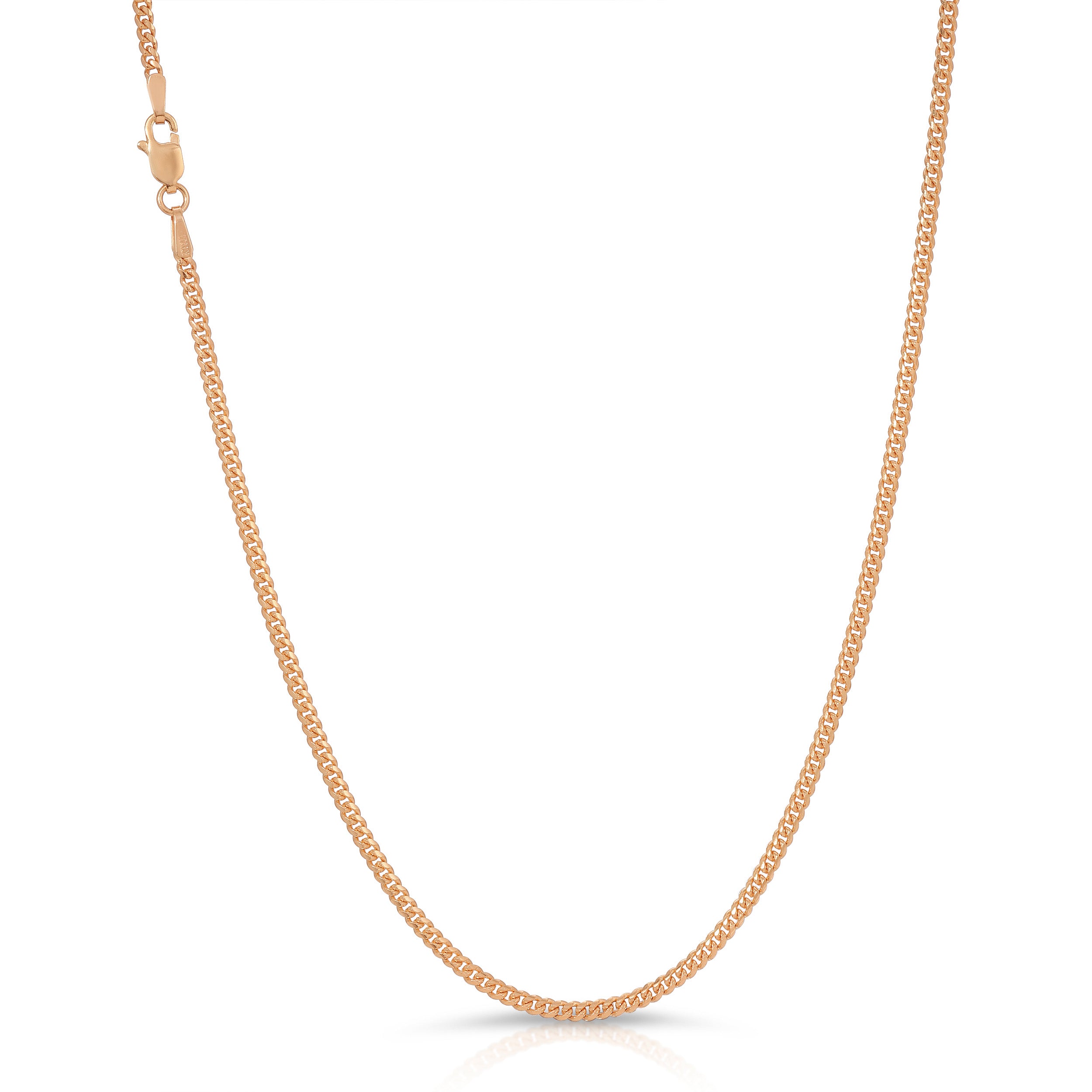 A photo of 2.0mm Miami Cuban Chain in Rose Gold 14k and 18k Solid Gold made in Italy stamped Italy and stamped according to purity with a detailed product shot