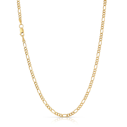 Gold figaro chain necklace on a white background