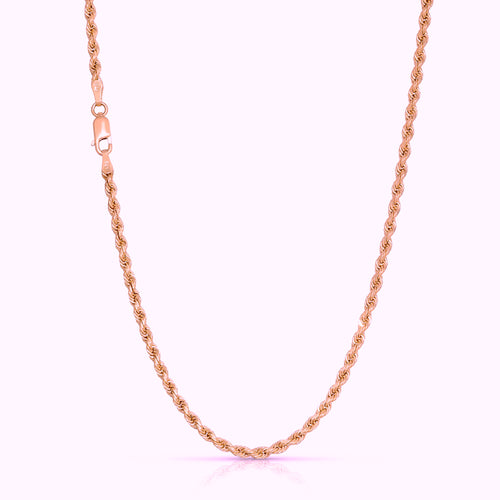 a photo of 3mm rope chain diamond cut 14k and 18k solid gold rose gold