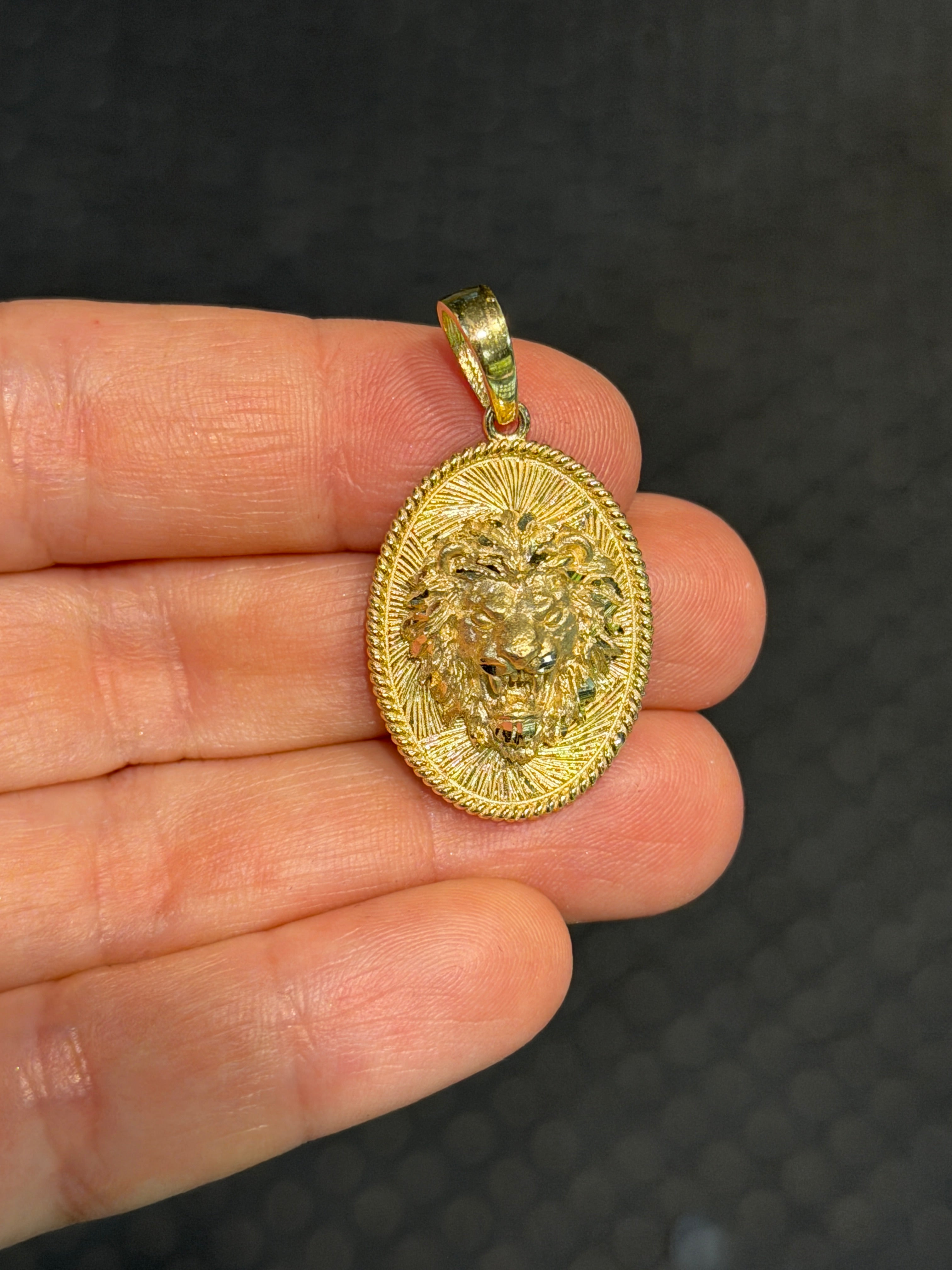 Antique Lion Oval Pendant 14K Gold