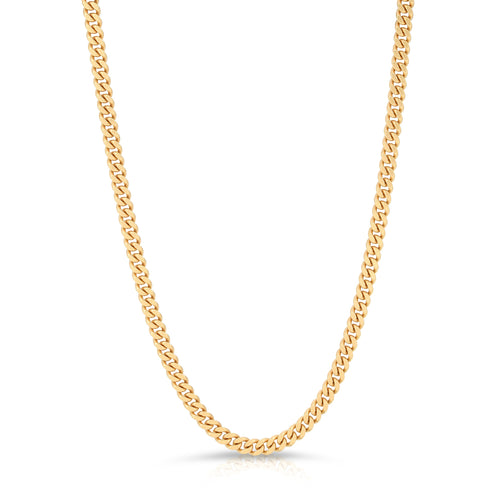 A picture of a 4mm baby curb chain, yellow solid gold in 14 karat. 