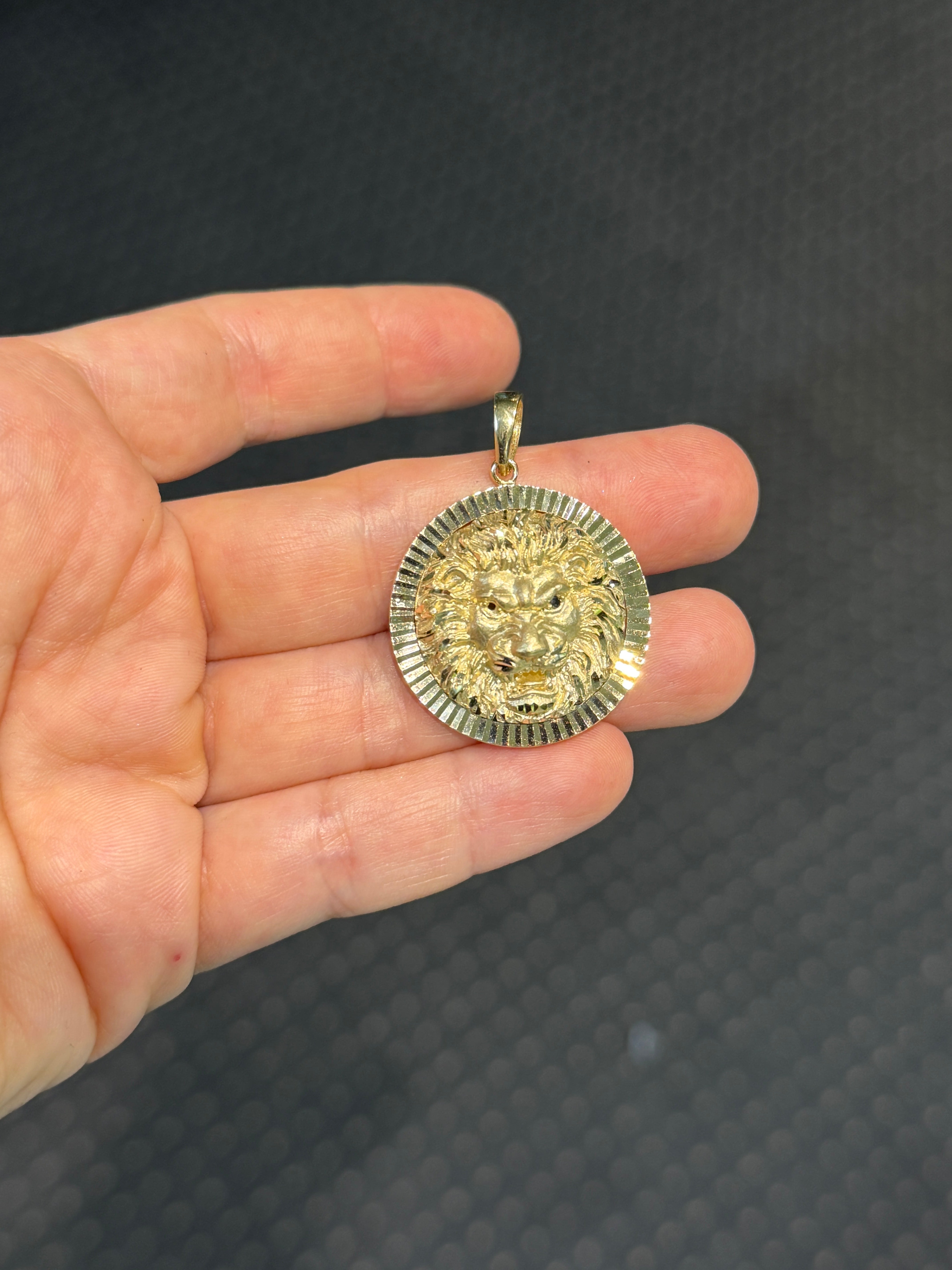 Crinkle Edge Round Lion Pendant 14K Gold