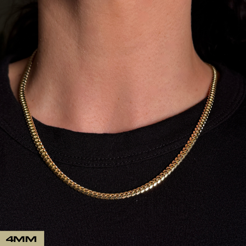 womans neck wearing solid 4mm miami cuban chain close up 16 inch
