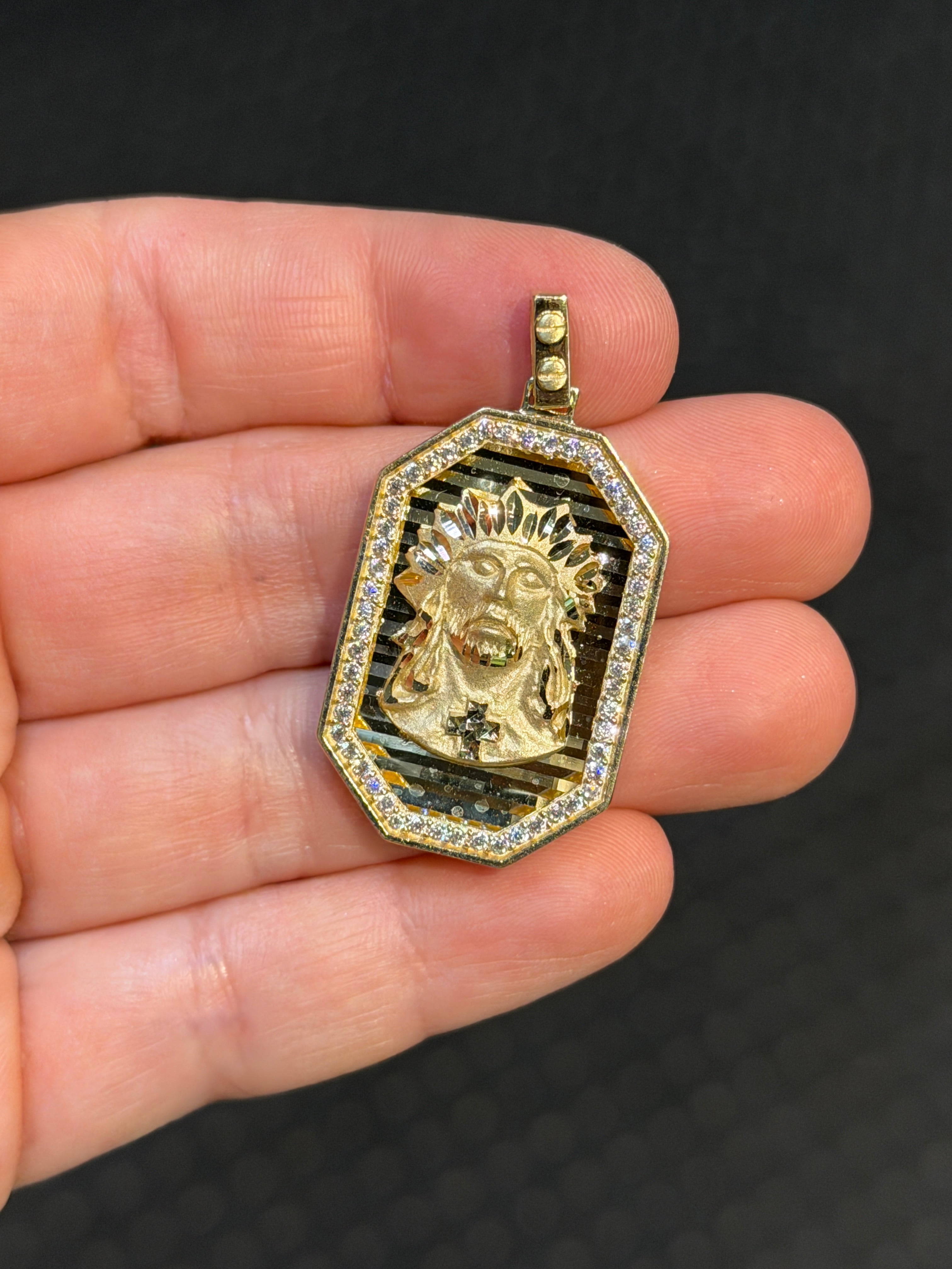 Elongated Octagon Jesus Pendant 14K Gold
