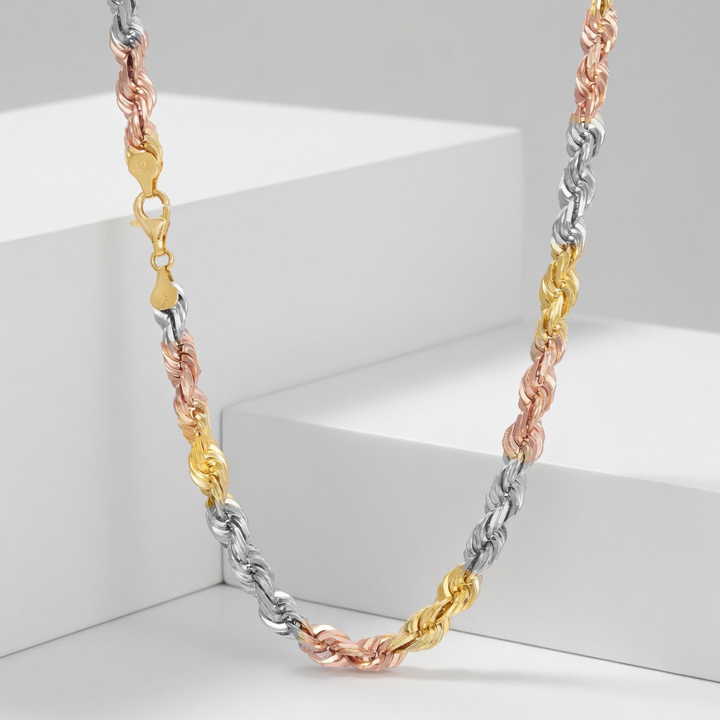 14K Tri-Color Gold Rope Chain (Diamond Cut)