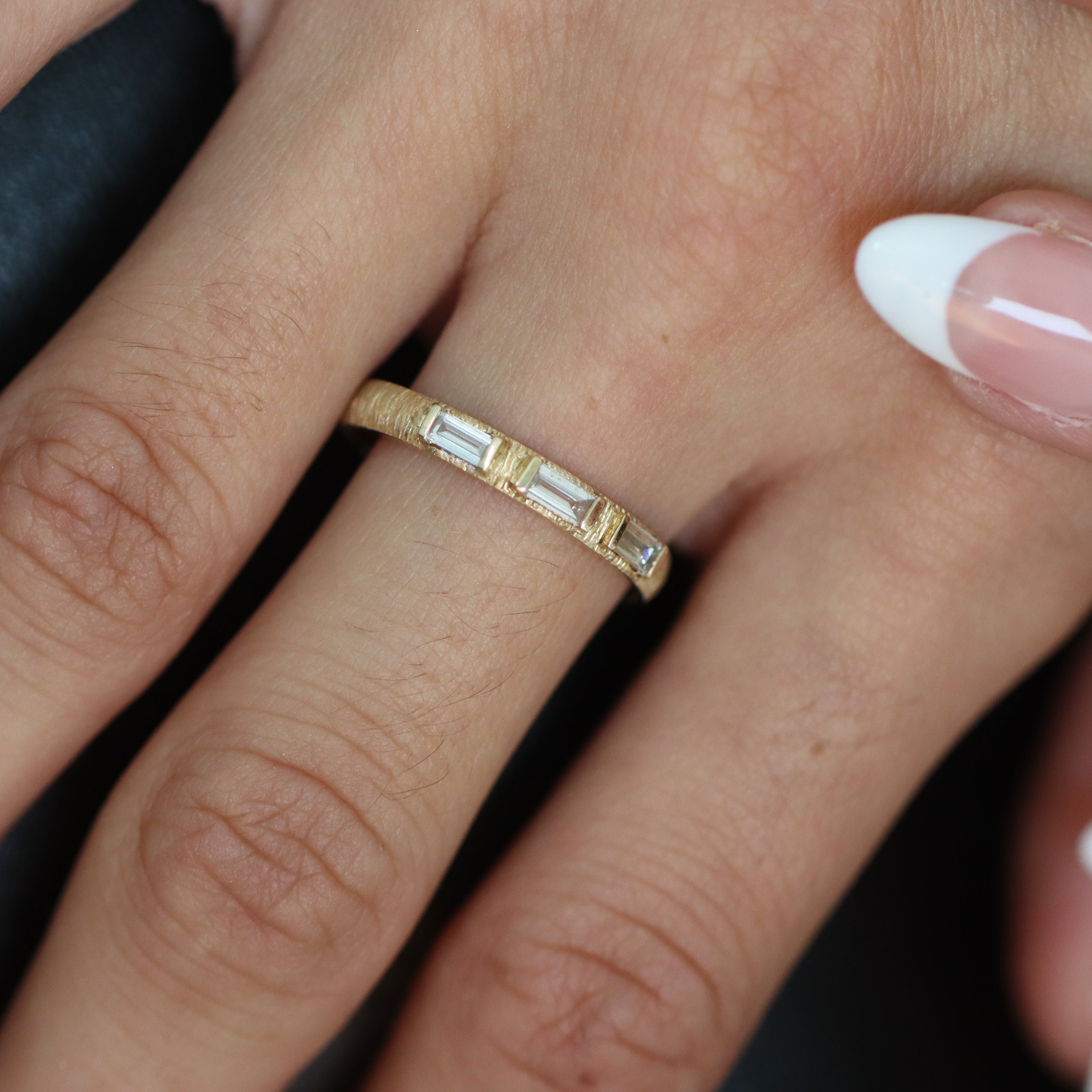 3 Baguette Diamond Textured Band Ring