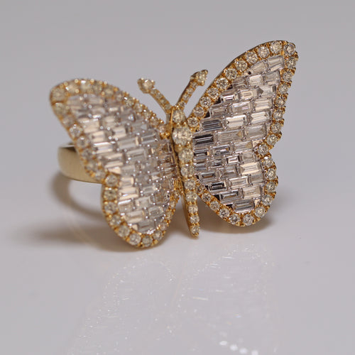 Solid gold diamond ring studded butterfly shape iced out 