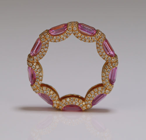 diamond studded ring with pink sapphire iced out diamond yellow gold