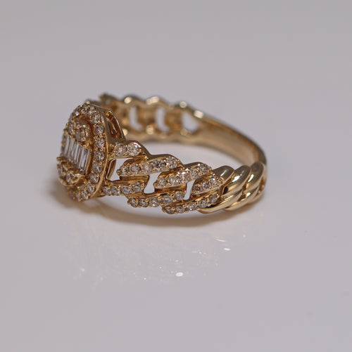 an iced out ring with a double oval shaped diamond in front this is a side photo