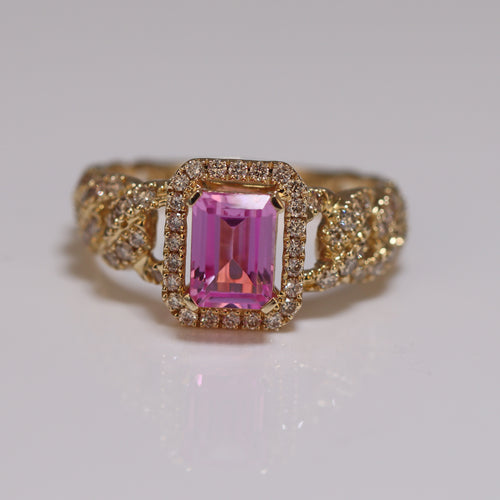 diamond studded ring iced out with pink sapphire 