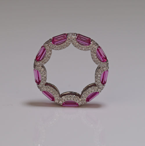 diamond studded ring with pink sapphire iced out diamond white gold