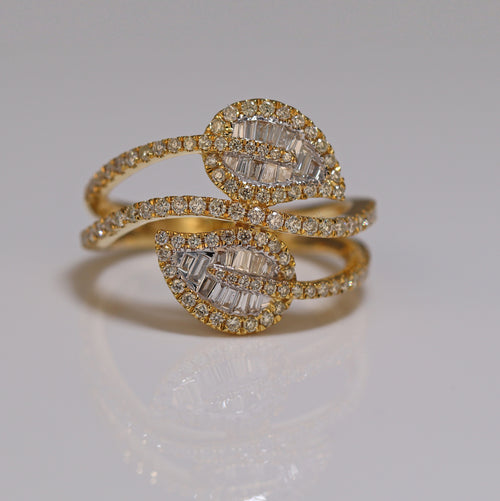 Diamond studded ring yellow gold iced out leaf style design