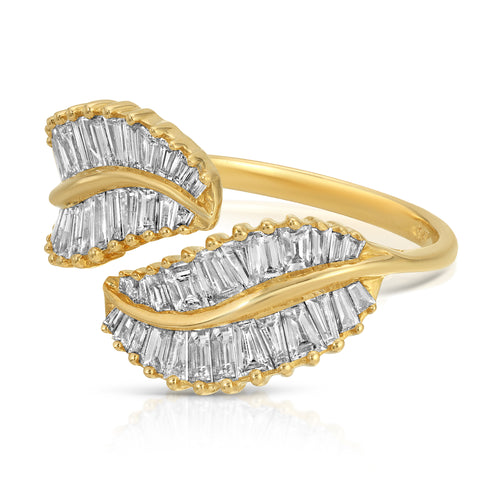 Diamond ring with baguette diamonds and a stylish leaf design solid gold natural diamonds