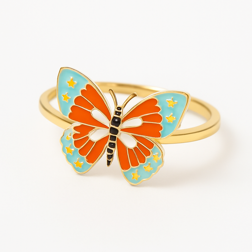 custom made gold butterfly sing with colorful enamel 14k solid gold