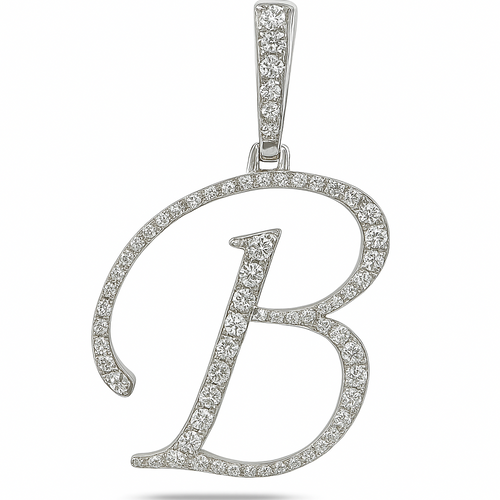 Silver or white gold 'B' pendant with diamonds on a white background