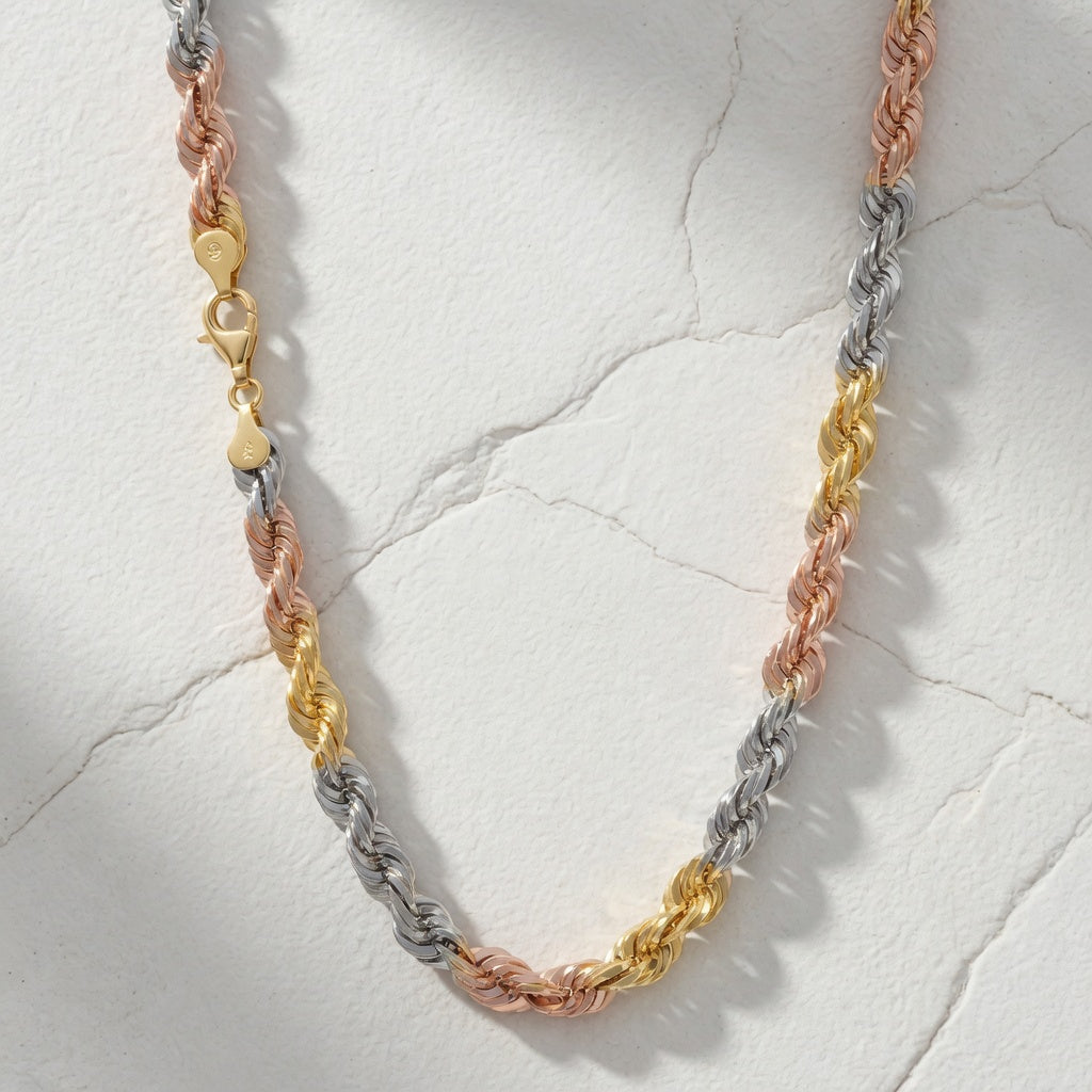 14K Tri-Color Gold Rope Chain (Diamond Cut)
