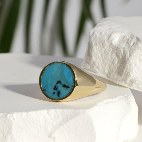 Round Signet Flat Turquoise Natural Stone Ring