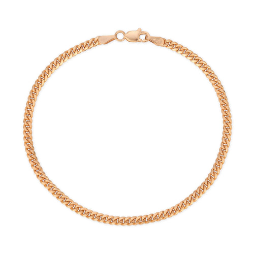 skinny rose gold cuban link chain bracelet dainty solid gold beautiful 2.7mm thick with lobster clasp for extra secure closure end caps stamped 14k or 18k with jump ring