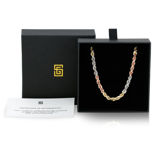 3mm tri color rope chain in saints gold packaging with authenticity card]