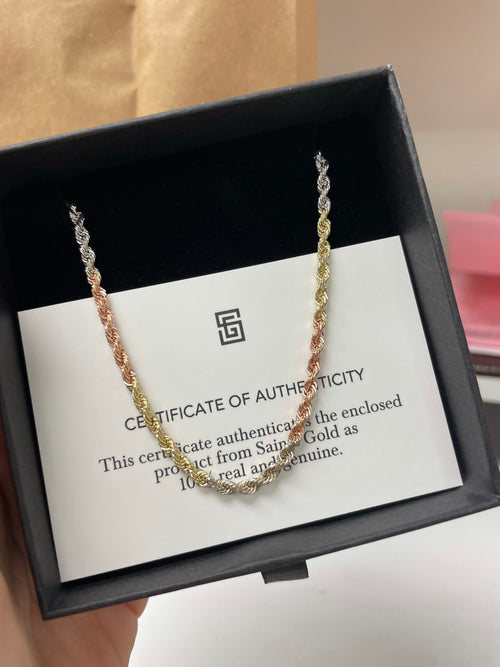 4mm tri color rope chain in saints gold packaging with authenticity card