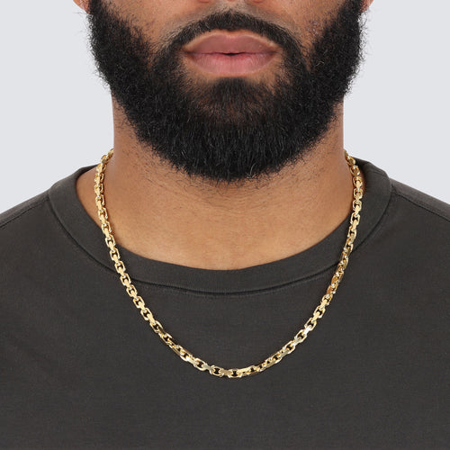 power link hermes style large square links boxy edgy solid gold jewerly hanging white background detailed model wearing beard chain necklace mens square sharp