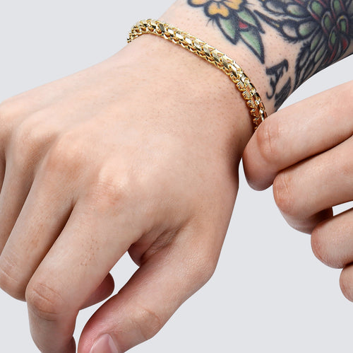 5mm franco mens bracelet on wrist hand wearing model tattoo 14k solid gold made in italy diamond cut