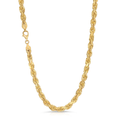 6.5mm width rope chain solid 14k gold on white background lobster clasp with end caps stamping bbb made in peru 