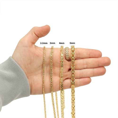 byzantine chains in different gauges 2.2mm 3mm 4mm 5mm yellow gold solid gold 14k 14 karat
